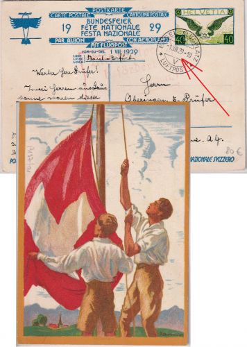 Schweiz - 40 Rp. Bundesfeier Ganzsache Basel Flugplatz 1. VIII. 1929 n. Erfurt