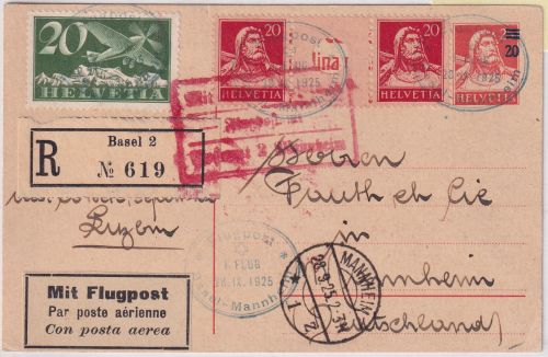 Schweiz - Tell Zusammendruck WZ 23B u.a. Luftpost-Einschreibekarte Basel 1925