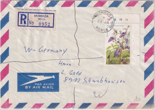 Kenya - 20 Sh. Orchidee Luftpost-Einschreibebrief Mombasa - Schwabhausen ca 1985