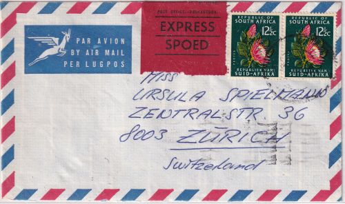 Südafrika - 2x12 1/2 C. Protea Luftpost-Eilbrief i.d. SCHWEIZ Johannesburg 1970