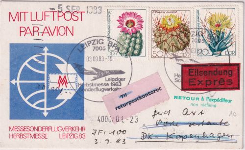 DDR - 50 Pfg. Kakteen u.a. Luftpost-Eilkarte n. DÄNEMARK Leipzig 1983
