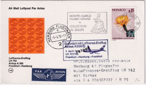 Monaco - 0,85 Fr. Kaktus Zuleitungspost LH-Erstflug FFM - Hamburg 1976