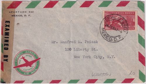 Mexiko - 20 C. Freimarke Luftpost-Zensurbrief n. USA Mexico City - New York 1943