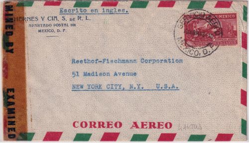Mexiko - 20 C. Freimarke Luftpost-Zensurbrief n. USA Mexico City - New York 1943