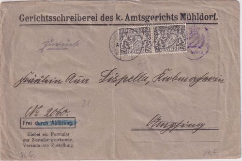 Bayern - 2x25 Pfg. Staatswappen Zustellurkunde Mühldorf - Ampfing 1916