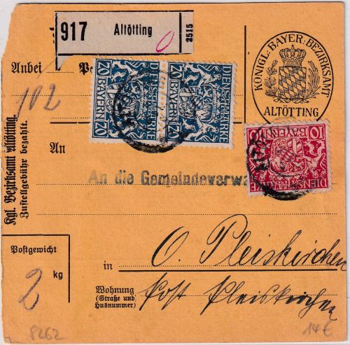 Bayern - 2x20+10 Pfg. Staatswappen Paketkarte Altötting - Pleiskirchen 1918