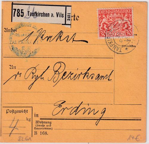 Bayern - 30 Pfg. Staatswappen PaketkarteTaufkirchen a/Vils - Erding 1916