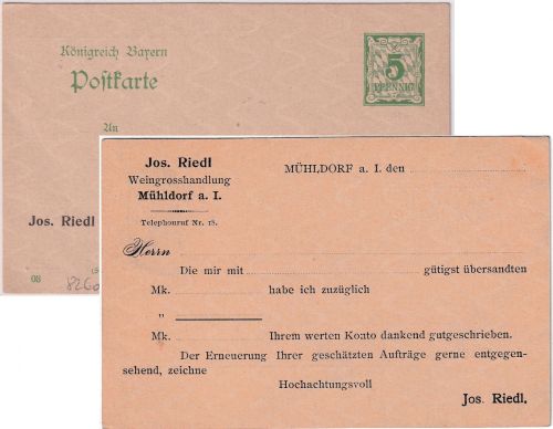 Bayern - 5 Pfg. Rauten Ganzsache Zudruck Fa. Riedl Weinhandlung Mühldorf 1902