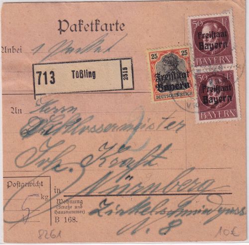 Bayern - 25Pfg. Germania/Freistaat u.a. Paketkarte Tü´ßling - Nürnberg 1920