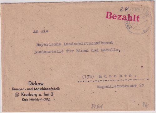 All.Bes. - Kraiburg (Inn) 2 Bhf. 15.7.46 Bezahlt roter L1 Brief n. München