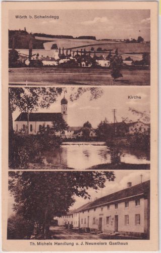 Bayern - Wörth b. Schwindegg Gasthaus Kirche tec. sw-Mehrbild-AK gelaufen 1933