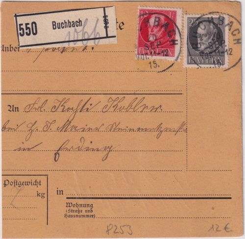 Bayern - 25+10 Pfg. Ludwig/Friedensdruck Paketkarte Buchbach - Erding 1915