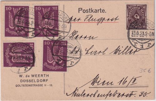 DR-Infla - 4x10 M. Holztaube u.a. Luftpostkarte n. ÖSTERREICH Düsseldorf 13.6.23