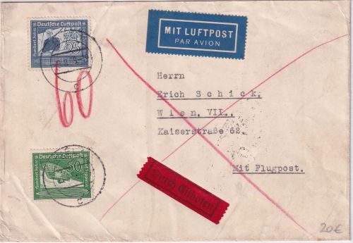 DR - 25+50 Pfg. Zeppelin Luftpost-Eilbrief Kiel - Wien (Rohrpost !) 1938