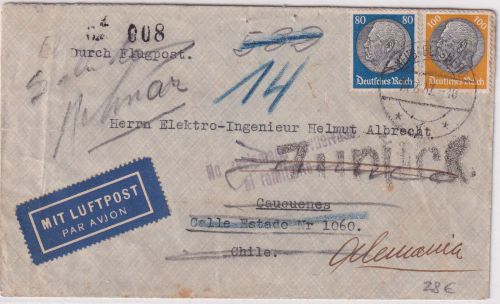 DR - 100+80 Pfg. Hindenburg Luftpostbrief n. CHILE Neubabelsberg Chauquenes 1937
