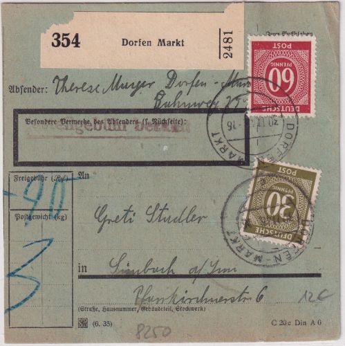 All.Bes. - 60+30 Pfg. Ziffer Paketkarte Dorfen Markt - Simbach 1946