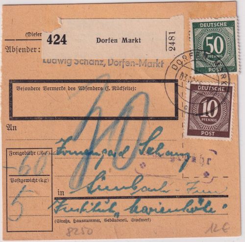 All.Bes. - 50+10 Pfg. Ziffer Paketkarte Dorfen Markt - Simbach 1946 Nachporto
