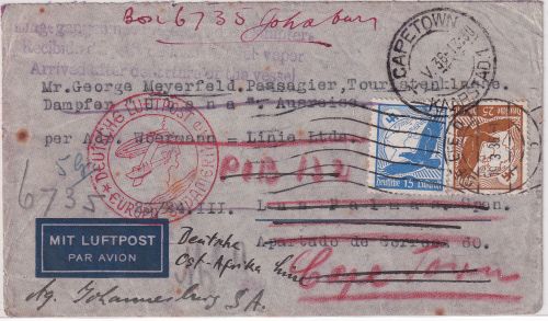 DR - Bielefeld 1936 Luftpostbrief n. SPANIEN/Las Palmas Nachsendung Südafrika