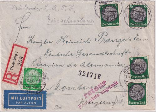 DR - Strausberg 17.12.41 Luftpost-R-Brief n. URUGUAY "Postverkehr eingestellt"