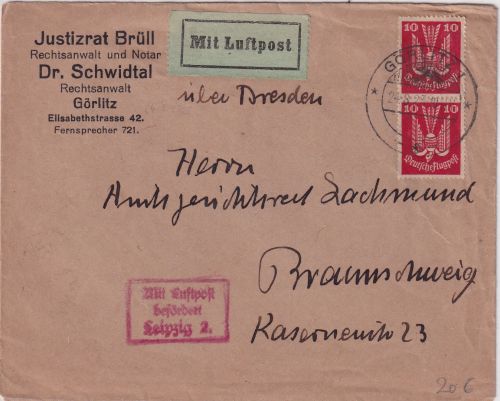 DR - 2x10 Pfg. Holztaube Luftpostbrief Görlitz - Braunschweig 1925