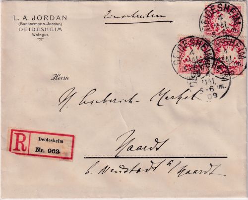 Bayern - 3x10 Pfg. Wappen Einschreibebrief Deidesheim - Haardt 1909