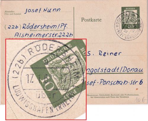 BRD - (22b) Rödersheim ü. Ludwigshafen Poststelle I 10 Pfg. Ganzsache 1962