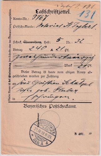 Bayern - Ludwigshafen SchA 1919 Lastschriftzettel - seltener Stempel !!