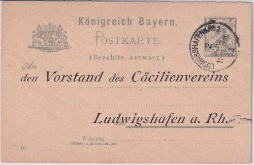 Bayern - 2 Pfg. Rauten Ganzsache A-Teil priv. Zudruck Ludwigshafen 1902