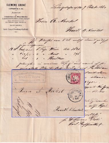 Bayern - 10 Pfg. Wappen Ludwigshafen Brief Niederl. Dampf-Schiff-Rhederei 1880