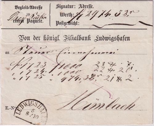 Bayern - Ludwigshafen 8/10 HKS Paketbegleitadresse n. Mimbach 1867