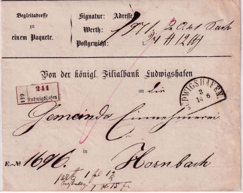 Bayern - Ludwigshafen 13/6 HKS Paketbegleitadresse n. Hornbach ca. 1870