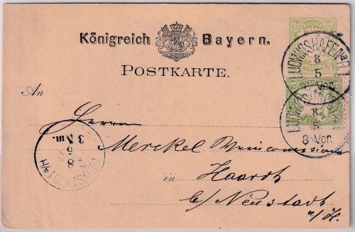 Bayern - 3 Pfg. Wappen Ganzsache + 3 Pfg. weite Welle Ludwigshafen - Haardt 1880