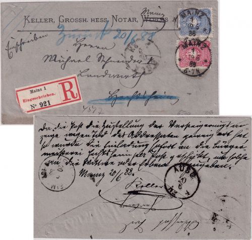 DR - 10+20 Pfg. Einschreibebrief Mainz - Hechtsheim 1888 rs. Retour-"Roman"