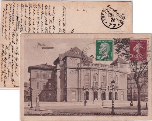 DR - Rheinlandbesetzung Karte Tresor et Postes 77 AK Mainz. n. ENGLAND 1924