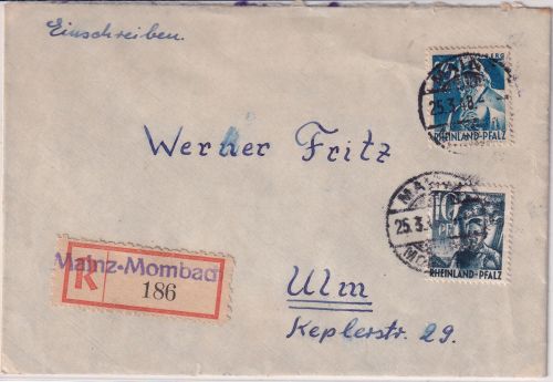 FZ/Rheinl.Pfalz - 75+10 Pfg. Freimarken Einschreibebrief Mainz-Mombach 1948
