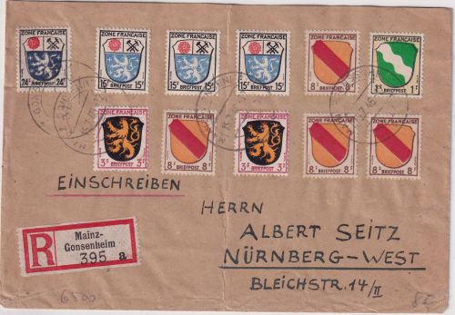 FZ/Allg. - 3x15 Pfg. Wappen u.a. Einschreibebrief Mainz-Gonsenheim Nürnberg 1946