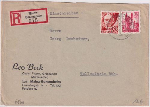 FZ/Rheinl.Pfalz - 60+24 Pfg. Freimarken Einschreibebrief Mainz-Gonsenheim 1947