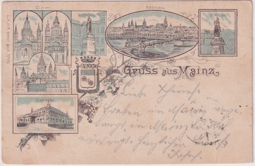Rheinl.-Pfalz - Mainz Stadthalle Dom etc. col. Mehrbild-Vorläufer-Litho 1893