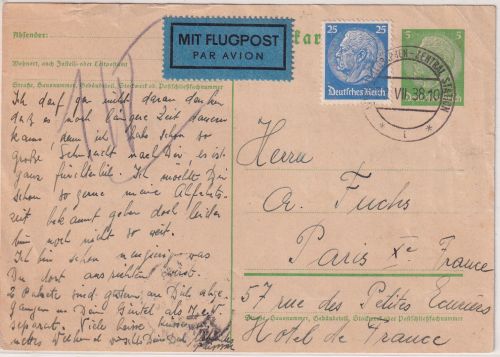 DR - 5 Pfg. Hindenburg Ganzsache+Zusatz Luftpostkarte n. FRANKREICH Wien 1938