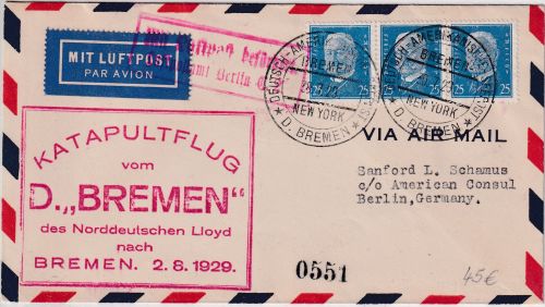 DR - 3x25 Pfg. Hindenburg Katapultflug D. Bremen Luftpostbrief n. Berlin 1929