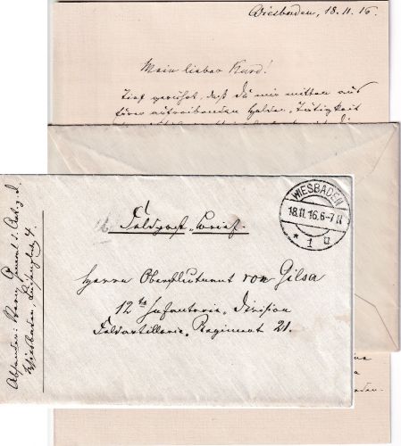 DR - Wiesbaden 1916 Feldpostbrief an 12.ID, FAR 21 (Osten) Absender !!
