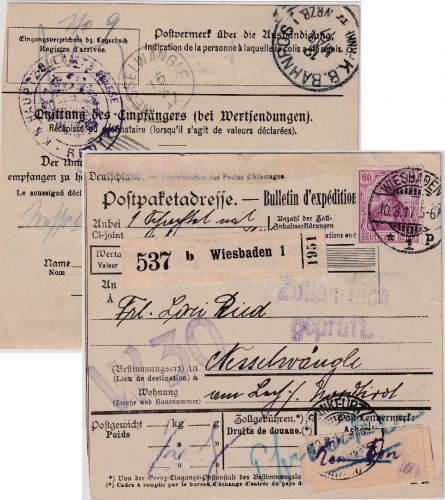 DR - 60 Pfg. Germania Paketkarte n. ÖSTERREICH Wiesbaden - Nesselwängle 1917
