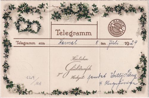 Hessen - Glückwunsch-"Telegramm" zur Hochzeit Faltkarte Kemel 1929