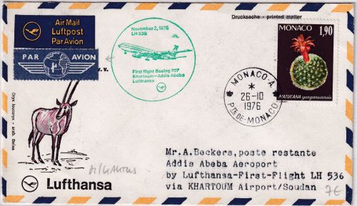 Monaco - 1,90 Fr. Kaktus Zuleitungspost LH-Erstflug Karthoum - Addis Abeba 1976