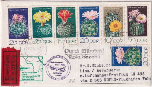 DDR - Kakteen II Satz u.a. Zuleitungspost LH-Erstflug Köln - Lima 1974