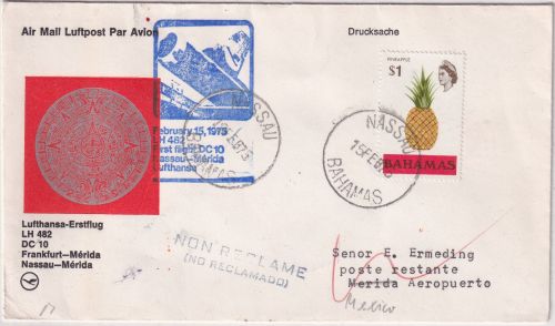 Bahamas - 1$ Ananas Lufthansa Erstflugbrief Nassau - Merida 1975
