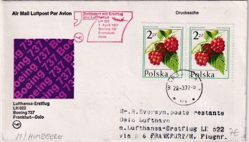 Polen - 2x2 Zl. Himbeere Zuleitungspost LH-Erstflug Frankfurt a/M - Oslo 1977