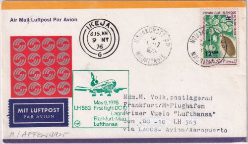 Mauretanien - 12UM/3 Fr. Affenbrotbaum Zuleitungspost LH-Erstflug Lagos FFM 1976