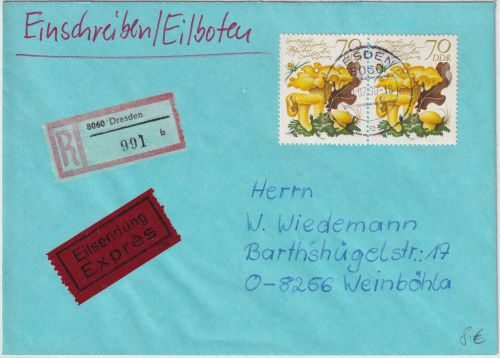 DDR - 2x70 Pfg. Pilze/Pfifferling Eil-Einschreibebrief Dresden - Weinböhla 1990