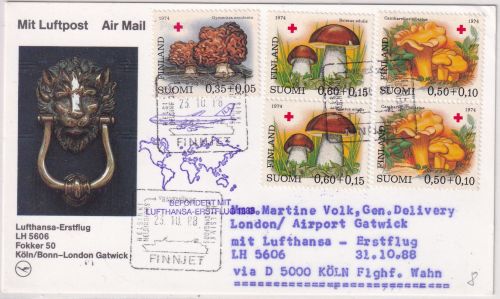 Finnland - Rotes Kreuz/Pilze I Zuleitungspost LH-Erstflug Köln - London 1988